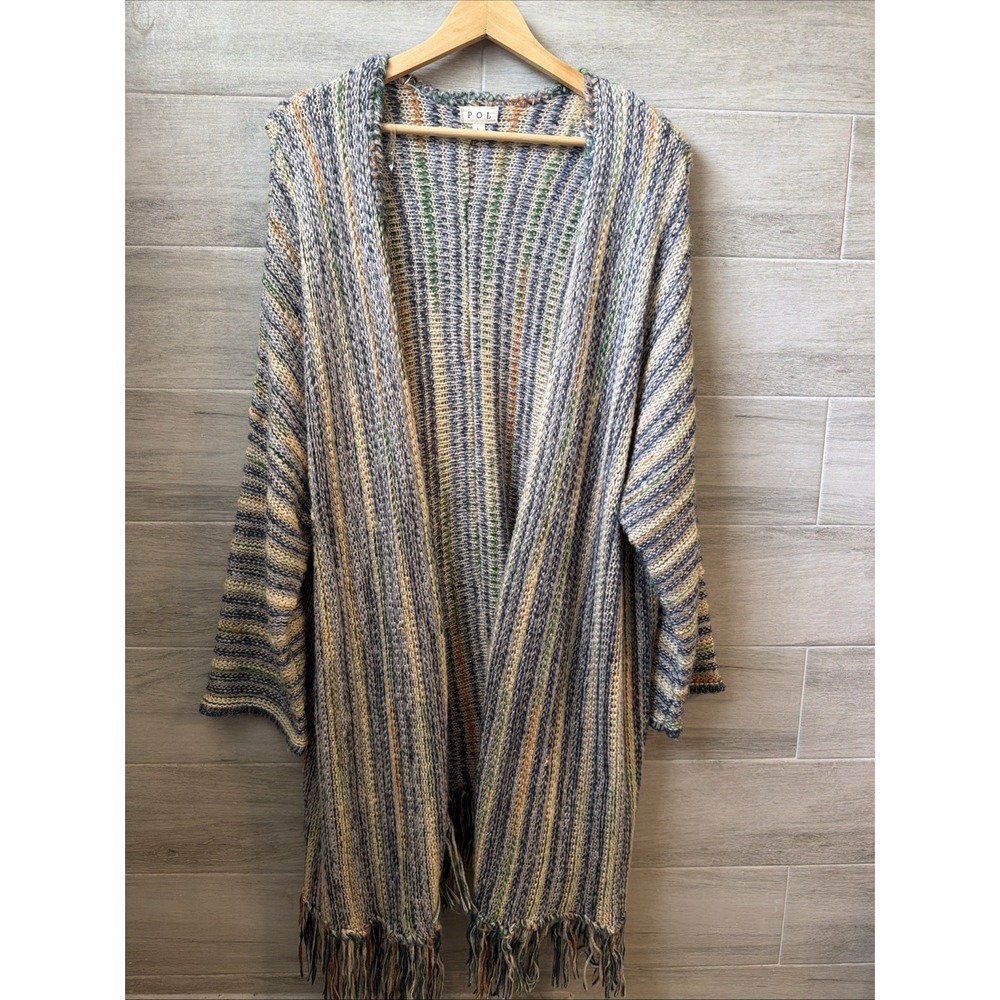 POL Bohemian Crochet Open Knit Front Fringe Cardigan Sweater Size L 3/4 Sleeve